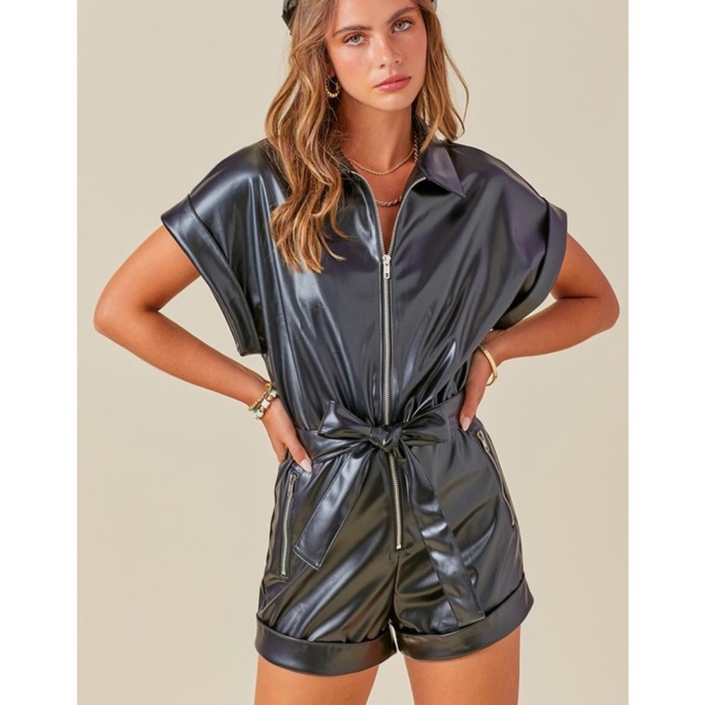 Black faux leather romper